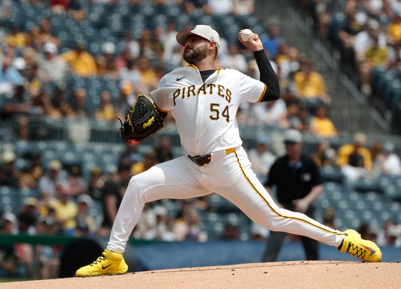 Jul 4, 2024; Pittsburgh, Pennsylvania, USA; Pittsburgh Pirates starting pitcher Martín Pérez (54) delivers a pitch against the St. Louis Cardinals during the first inning at PNC Park. Mandatory Credit: Charles LeClaire-USA TODAY Sports