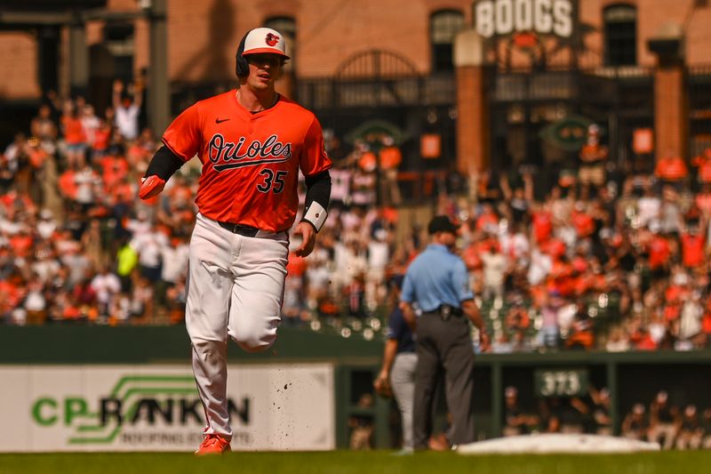 Jun 1, 2024; Baltimore, Maryland, USA; Baltimore Orioles catcher Adley Rutschman (35) rounds the baes on  first baseman Ryan Mountcastle (6) first inning home run against the Tampa Bay Rays  at Oriole Park at Camden Yards. Mandatory Credit: Tommy Gilligan-USA TODAY Sports