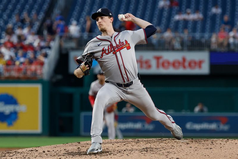 Sep 11, 2024; Washington, District of Columbia, USA; Atlanta Braves pitcher Max Fried (54) pitches against the Washington Nationals during the third inning at Nationals Park. Mandatory Credit: Geoff Burke-Imagn Images