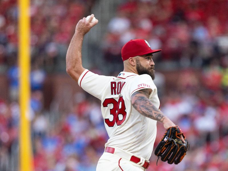 Sep 30, 2023; St. Louis, Missouri, USA; St. Louis Cardinals starting pitcher Drew Rom (38) pitches against the Cincinnati Reds at Busch Stadium. Mandatory Credit: Zach Dalin-USA TODAY Sports