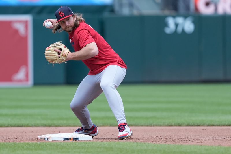 May 26, 2025; Baltimore, Maryland, USA; St. Louis Cardinals second baseman Brendan Donovan (33) takes infield practice prior to the game against the Baltimore Orioles at Oriole Park at Camden Yards. Mandatory Credit: Gregory Fisher-Imagn Images