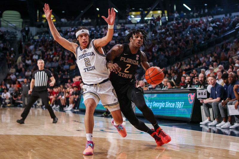 Mar 2, 2024; Atlanta, Georgia, USA; Georgia Tech Yellow Jackets guard Naithan George (2) fouls Florida State Seminoles forward Jamir Watkins (2) in the first half at McCamish Pavilion. Mandatory Credit: Brett Davis-USA TODAY Sports