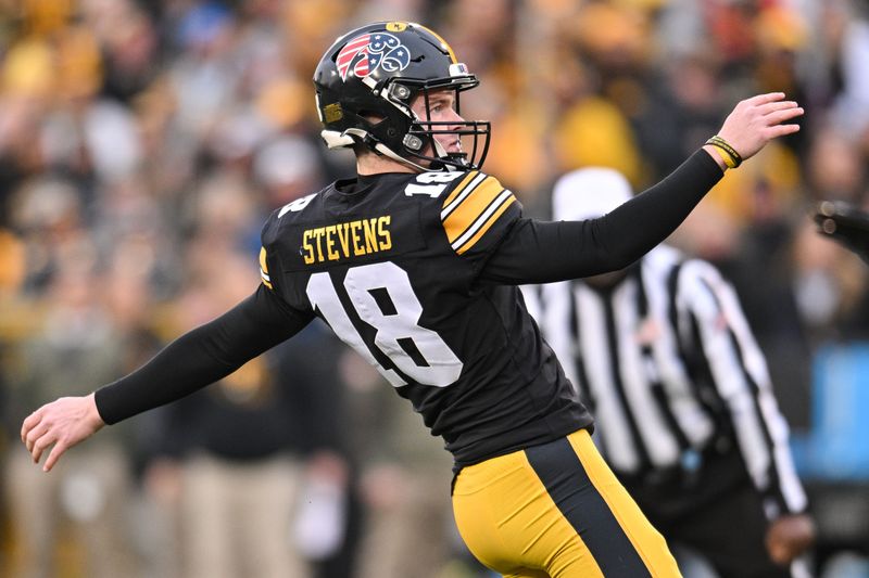 Nov 11, 2023; Iowa City, Iowa, USA; Iowa Hawkeyes place kicker Drew Stevens (18) watches a 32 yard field goal during the second quarter against the Rutgers Scarlet Knights at Kinnick Stadium. Mandatory Credit: Jeffrey Becker-USA TODAY Sports