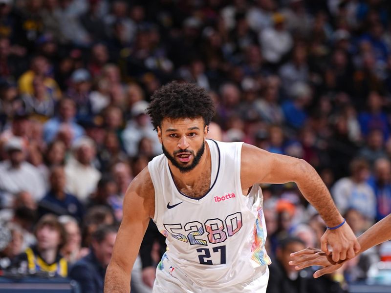 DENVER, CO - NOVEMBER 25: Jamal Murray #27 of the Denver Nuggets dribbles the ball during the game against the New York Knicks on November 25, 2024 at Ball Arena in Denver, Colorado. NOTE TO USER: User expressly acknowledges and agrees that, by downloading and/or using this Photograph, user is consenting to the terms and conditions of the Getty Images License Agreement. Mandatory Copyright Notice: Copyright 2024 NBAE (Photo by Garrett Ellwood/NBAE via Getty Images)