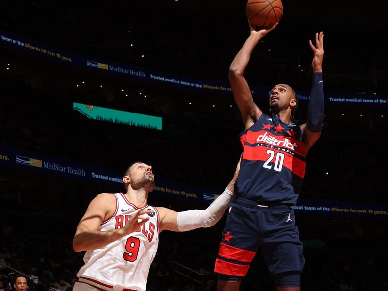 WASHINGTON, DC -? NOVEMBER 26: Alexandre Sarr #20 of the Washington Wizards shoots the ball during the game against the Chicago Bulls during the Emirates NBA Cup game on November 26, 2024 at Capital One Arena in Washington, DC. NOTE TO USER: User expressly acknowledges and agrees that, by downloading and or using this Photograph, user is consenting to the terms and conditions of the Getty Images License Agreement. Mandatory Copyright Notice: Copyright 2024 NBAE (Photo by Stephen Gosling/NBAE via Getty Images)