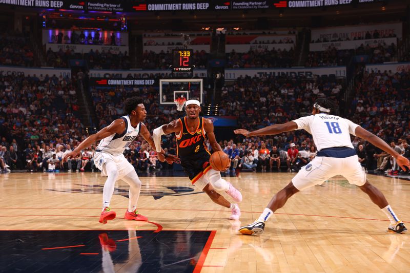 OKLAHOMA CITY, OK - APRIL 14:  Shai Gilgeous-Alexander #2 of the Oklahoma City Thunder dribbles the ball during the game against the Dallas Mavericks on April 14, 2024 at Paycom Arena in Oklahoma City, Oklahoma. NOTE TO USER: User expressly acknowledges and agrees that, by downloading and or using this photograph, User is consenting to the terms and conditions of the Getty Images License Agreement. Mandatory Copyright Notice: Copyright 2024 NBAE (Photo by Zach Beeker/NBAE via Getty Images)