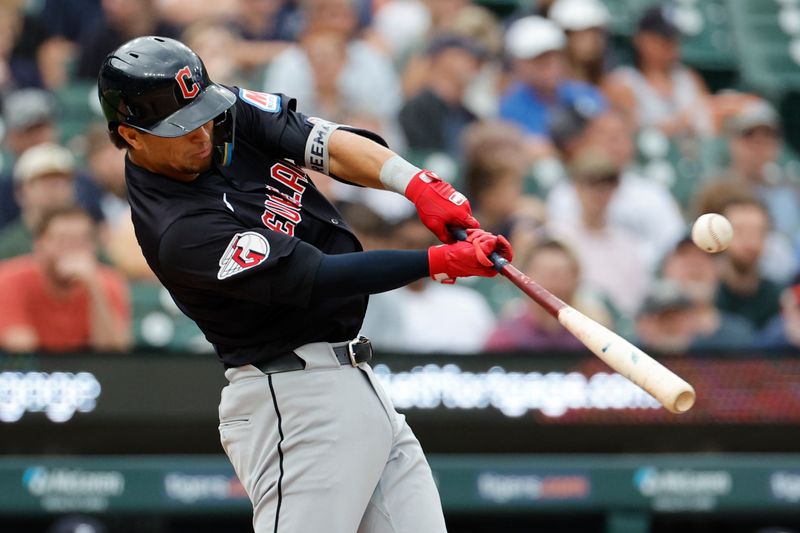 Jul 30, 2024; Detroit, Michigan, USA;  Cleveland Guardians center fielder Tyler Freeman (2) hits a single against the Detroit Tigers in the second inning at Comerica Park. Mandatory Credit: Rick Osentoski-USA TODAY Sports