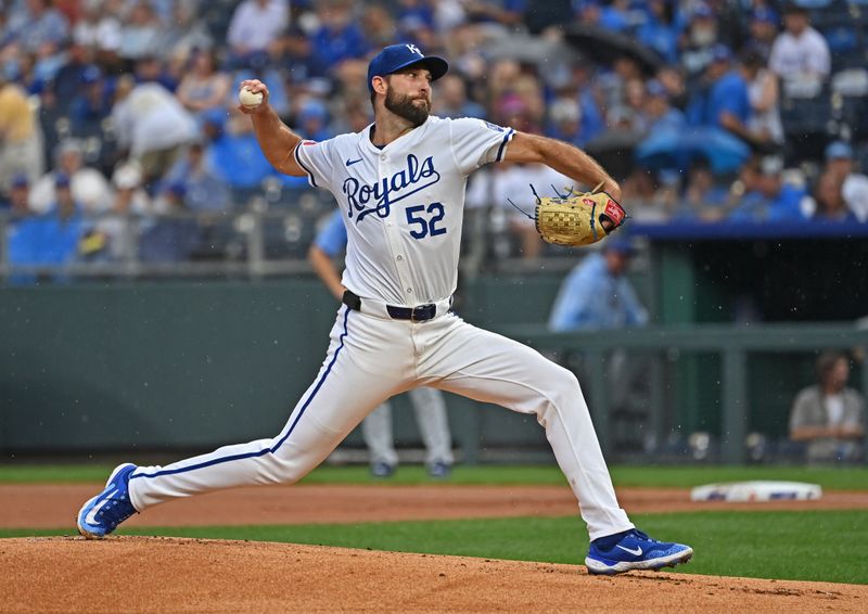 Jul 3, 2024; Kansas City, Missouri, USA;  Kansas City Royals starting pitcher Michael Wacha (52) delivers a pitch in the first inning against the Tampa Bay Rays at Kauffman Stadium. Mandatory Credit: Peter Aiken-USA TODAY Sports