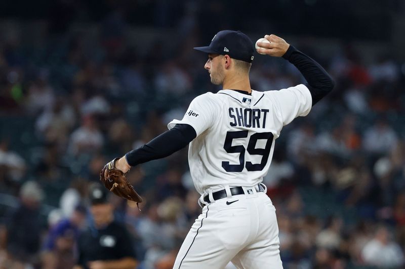 Aug 4, 2023; Detroit, Michigan, USA;  Detroit Tigers second baseman Zack Short (59) pitches in the ninth inning against the Tampa Bay Rays at Comerica Park. Mandatory Credit: Rick Osentoski-USA TODAY Sports