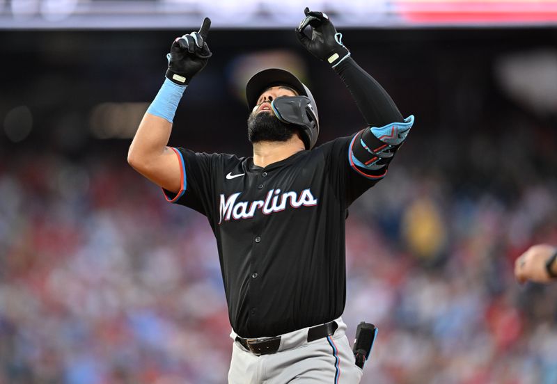 Jun 27, 2024; Philadelphia, Pennsylvania, USA; Miami Marlins catcher Ali Sanchez (47) reacts after hitting a single against the Philadelphia Phillies in the seventh inning at Citizens Bank Park. Mandatory Credit: Kyle Ross-USA TODAY Sports