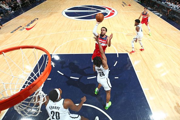 WASHINGTON, DC -? DECEMBER 29: Tyus Jones #5 of the Washington Wizards shoots the ball during the game against the Brooklyn Nets on December 29, 2023 at Capital One Arena in Washington, DC. NOTE TO USER: User expressly acknowledges and agrees that, by downloading and or using this Photograph, user is consenting to the terms and conditions of the Getty Images License Agreement. Mandatory Copyright Notice: Copyright 2023 NBAE (Photo by Stephen Gosling/NBAE via Getty Images)