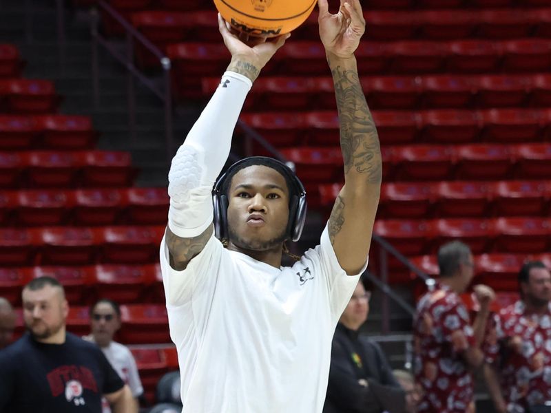 Feb 10, 2024; Salt Lake City, Utah, USA; Utah Utes guard Deivon Smith (5) warms up before the game against the Arizona State Sun Devils at Jon M. Huntsman Center. Mandatory Credit: Rob Gray-USA TODAY Sports