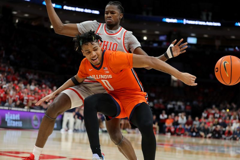 Jan 30, 2024; Columbus, Ohio, USA; IIllinois Fighting Illini guard Terrence Shannon Jr. (0) loses the ball as Ohio State Buckeyes center Felix Okpara (34) defends during the first half at Value City Arena. Mandatory Credit: Joseph Maiorana-USA TODAY Sports