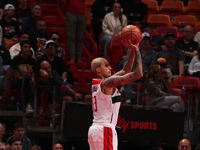 MIAMI, FL - NOVEMBER 3: Kyle Kuzma #33 of the Washington Wizards shoots a three point basket against the Miami Heat during the In-Season Tournament on November 3, 2023 at Kaseya Center in Miami, Florida. NOTE TO USER: User expressly acknowledges and agrees that, by downloading and or using this Photograph, user is consenting to the terms and conditions of the Getty Images License Agreement. Mandatory Copyright Notice: Copyright 2023 NBAE (Photo by Issac Baldizon/NBAE via Getty Images)