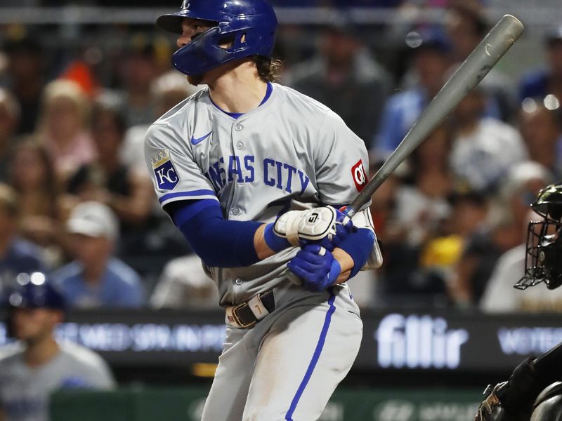 Sep 13, 2024; Pittsburgh, Pennsylvania, USA;  Kansas City Royals shortstop Bobby Witt Jr. (7) hits a single against the Pittsburgh Pirates during the seventh inning at PNC Park. Mandatory Credit: Charles LeClaire-Imagn Images