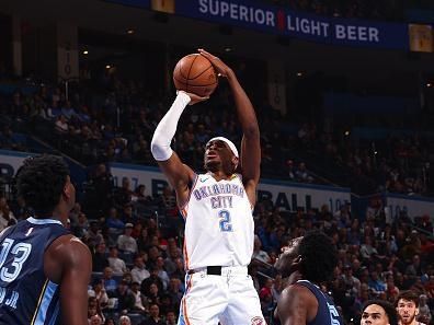 OKLAHOMA CITY, OK - DECEMBER 18:  Shai Gilgeous-Alexander #2 of the Oklahoma City Thunder shoots the ball during the game against the Memphis Grizzlies on December 18, 2023 at Paycom Arena in Oklahoma City, Oklahoma. NOTE TO USER: User expressly acknowledges and agrees that, by downloading and or using this photograph, User is consenting to the terms and conditions of the Getty Images License Agreement. Mandatory Copyright Notice: Copyright 2023 NBAE (Photo by Zach Beeker/NBAE via Getty Images)