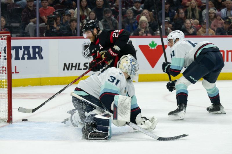 Nov 2, 2024; Ottawa, Ontario, CAN; Ottawa Senators right wing Claude Giroux (28) is unable to capitalize on a loose puck as he skaters past Seattle Kraken  goalie Philipp Grubauer (31 in the first period at the Canadian Tire Centre. Mandatory Credit: Marc DesRosiers-Imagn Images