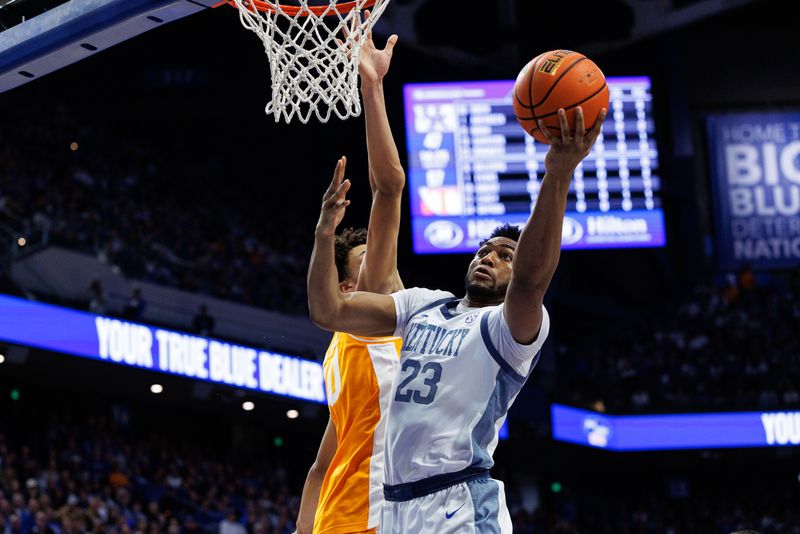 Feb 7, 2026; Lexington, Kentucky, USA; Kentucky Wildcats forward Mouhamed Dioubate (23) goes to the basket against Tennessee Volunteers forward Nate Ament (10) during the second half at Rupp Arena at Central Bank Center. Mandatory Credit: Jordan Prather-Imagn Images