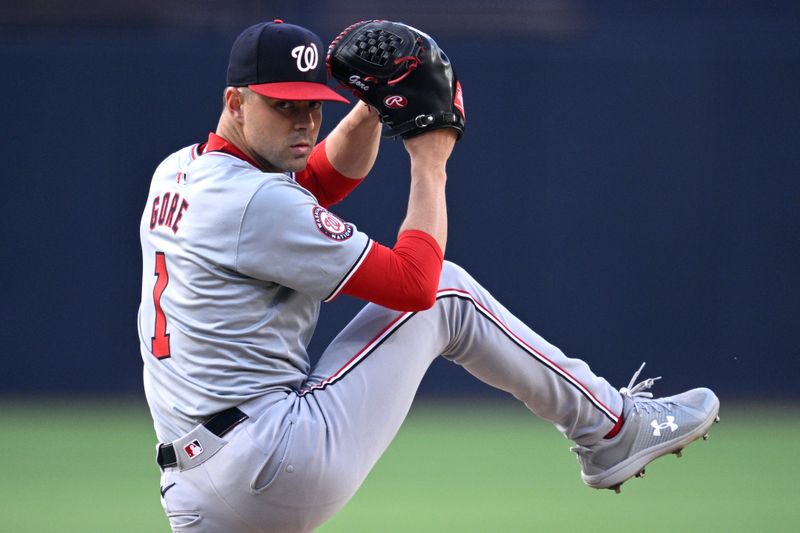 Jun 25, 2024; San Diego, California, USA; Washington Nationals starting pitcher MacKenzie Gore (1) pitches against the San Diego Padres during the first inning at Petco Park. Mandatory Credit: Orlando Ramirez-USA TODAY Sports