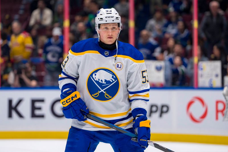 Mar 19, 2024; Vancouver, British Columbia, CAN; Buffalo Sabres forward Jeff Skinner (53) rests during warm up prior to a game against the Vancouver Canucks at Rogers Arena. Mandatory Credit: Bob Frid-USA TODAY Sports