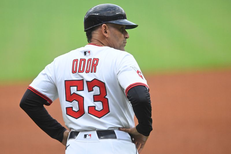 Jun 10, 2025; Cleveland, Ohio, USA; Cleveland Guardians third base coach Rouglas Odor (53) stands on the field in the second inning against the Cincinnati Reds at Progressive Field. Mandatory Credit: David Richard-Imagn Images