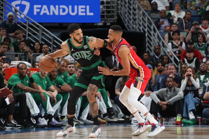 NEW ORLEANS, LA - MARCH 30: CJ McCollum #3 of the New Orleans Pelicans plays defense during the game against the Boston Celtics on March 30, 2024 at the Smoothie King Center in New Orleans, Louisiana. NOTE TO USER: User expressly acknowledges and agrees that, by downloading and or using this Photograph, user is consenting to the terms and conditions of the Getty Images License Agreement. Mandatory Copyright Notice: Copyright 2024 NBAE (Photo by Layne Murdoch Jr./NBAE via Getty Images)