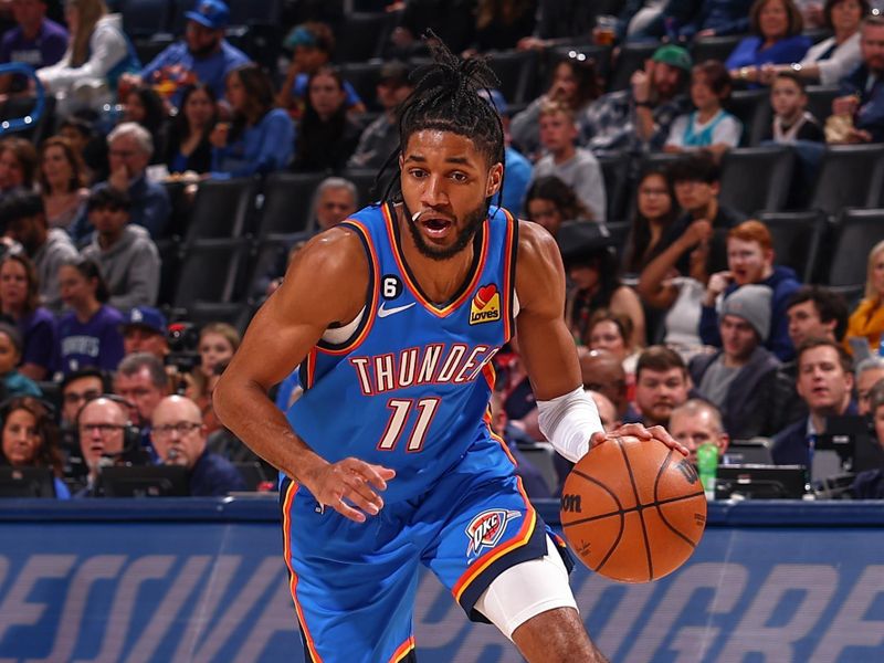 OKLAHOMA CITY, OK - MARCH 28:  Isaiah Joe #11 of the Oklahoma City Thunder goes to the basket during the game on March 28, 2023 at Paycom Arena in Oklahoma City, Oklahoma. NOTE TO USER: User expressly acknowledges and agrees that, by downloading and or using this photograph, User is consenting to the terms and conditions of the Getty Images License Agreement. Mandatory Copyright Notice: Copyright 2023 NBAE (Photo by Zach Beeker/NBAE via Getty Images)