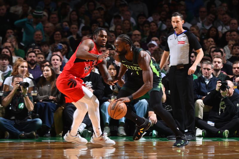 BOSTON, MA - NOVEMBER 16: Jaylen Brown #7 of the Boston Celtics dribbles the ball during the game against the Toronto Raptors on November 16, 2024 at TD Garden in Boston, Massachusetts. NOTE TO USER: User expressly acknowledges and agrees that, by downloading and/or using this Photograph, user is consenting to the terms and conditions of the Getty Images License Agreement. Mandatory Copyright Notice: Copyright 2024 NBAE (Photo by Brian Babineau/NBAE via Getty Images)