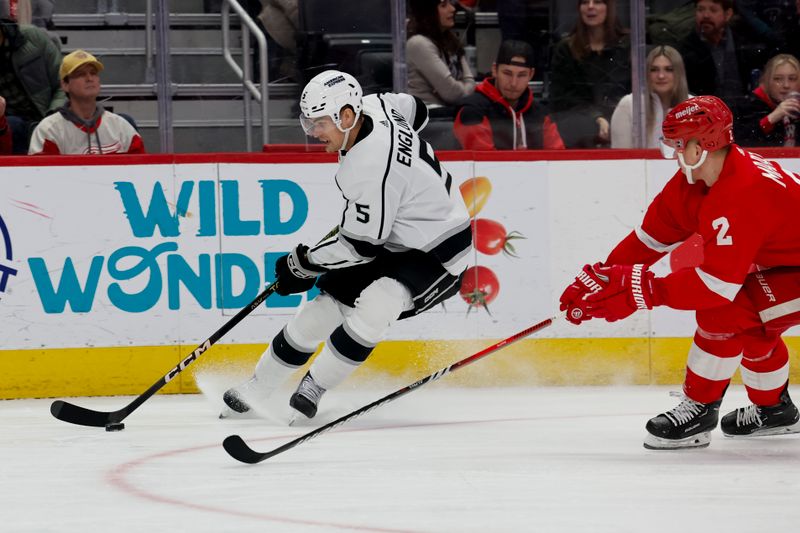 Jan 13, 2024; Detroit, Michigan, USA;  Los Angeles Kings defenseman Andreas Englund (5) skates with the puck in the first period against the Detroit Red Wings at Little Caesars Arena. Mandatory Credit: Rick Osentoski-USA TODAY Sports