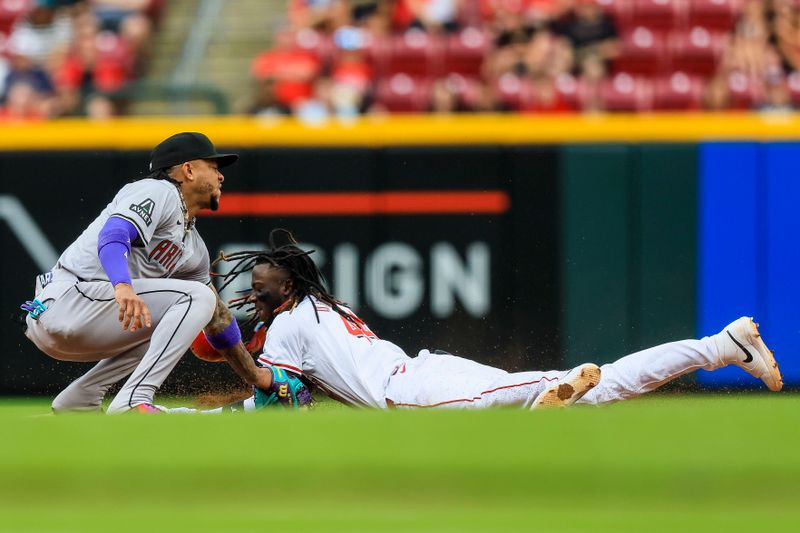 May 9, 2024; Cincinnati, Ohio, USA; Cincinnati Reds shortstop Elly De La Cruz (44) steals second against Arizona Diamondbacks second baseman Ketel Marte (4) in the sixth inning at Great American Ball Park. Mandatory Credit: Katie Stratman-USA TODAY Sports