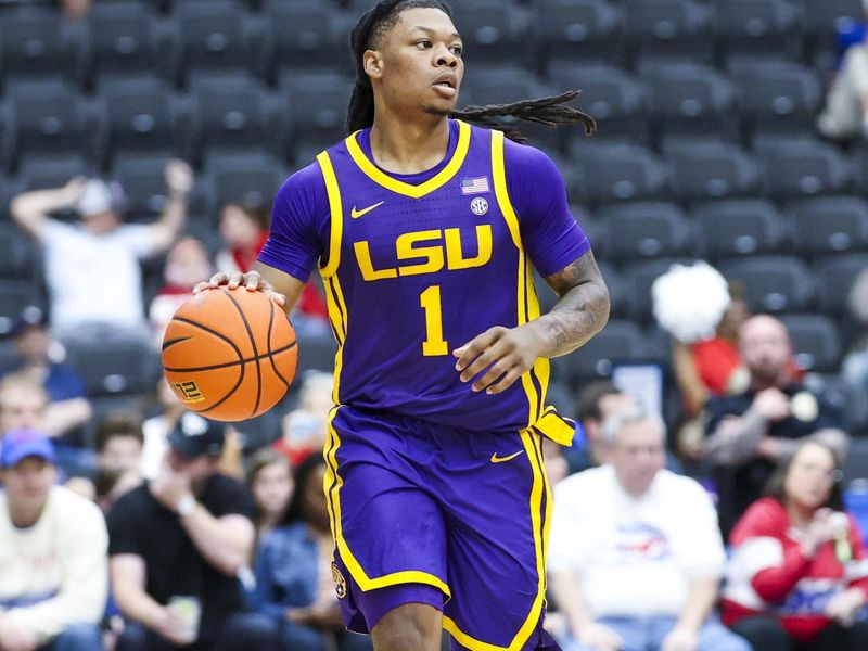 Dec 14, 2024; Frisco, Texas, USA;  LSU Tigers guard Jordan Sears (1) dribbles against the Southern Methodist Mustangs during the second half at Comerica Center. Mandatory Credit: Kevin Jairaj-Imagn Images