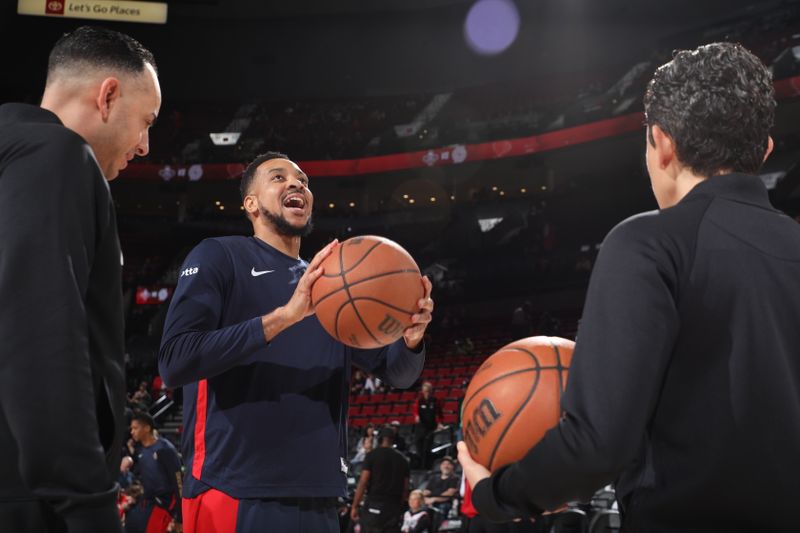 PORTLAND, OR - APRIL 9: CJ McCollum #3 of the New Orleans Pelicans smiles before the game against the Portland Trail Blazers on April 9, 2024 at the Moda Center Arena in Portland, Oregon. NOTE TO USER: User expressly acknowledges and agrees that, by downloading and or using this photograph, user is consenting to the terms and conditions of the Getty Images License Agreement. Mandatory Copyright Notice: Copyright 2024 NBAE (Photo by Cameron Browne/NBAE via Getty Images)