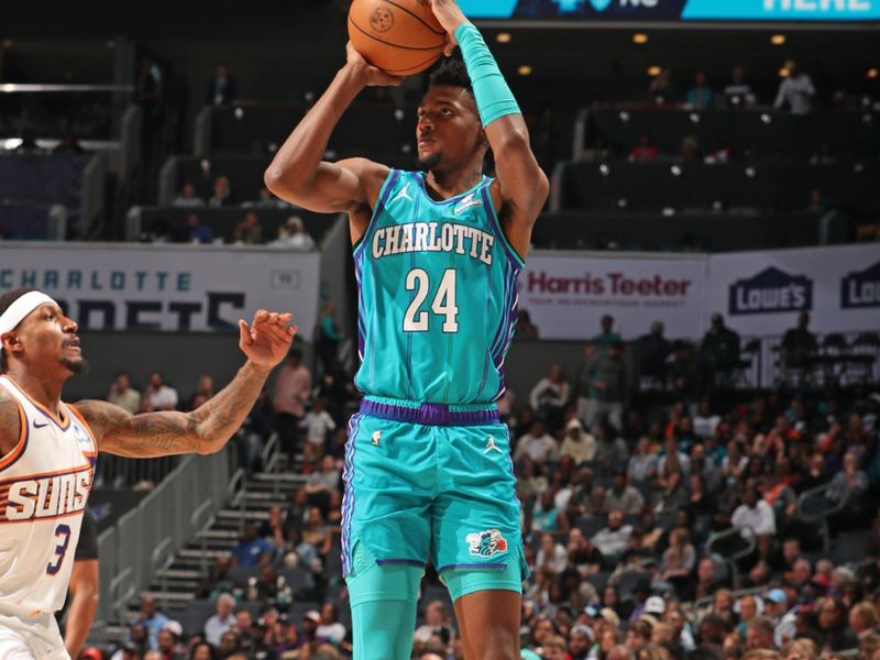 CHARLOTTE, NC - MARCH 15: Brandon Miller #24 of the Charlotte Hornets shoots the ball during the game against the Phoenix Suns on March 15, 2024 at Spectrum Center in Charlotte, North Carolina. NOTE TO USER: User expressly acknowledges and agrees that, by downloading and or using this photograph, User is consenting to the terms and conditions of the Getty Images License Agreement. Mandatory Copyright Notice: Copyright 2024 NBAE (Photo by Kent Smith/NBAE via Getty Images)