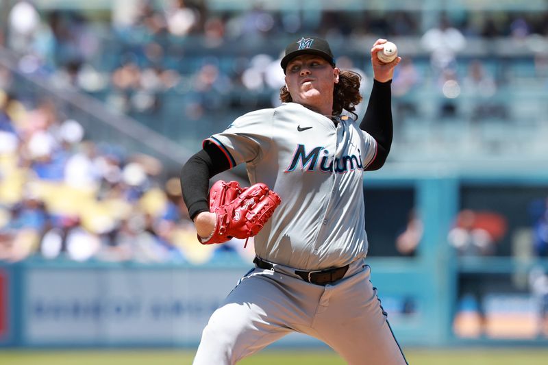 May 8, 2024; Los Angeles, California, USA;  Miami Marlins pitcher Ryan Weathers (60) pitches during the sixth inning against the Los Angeles Dodgers at Dodger Stadium. Mandatory Credit: Kiyoshi Mio-USA TODAY Sports