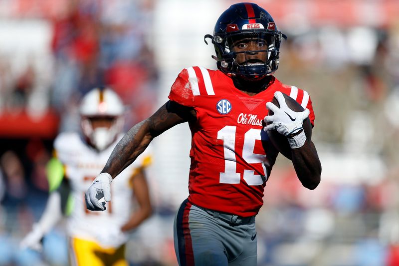 Nov 18, 2023; Oxford, Mississippi, USA; Mississippi Rebels wide receiver Dayton Wade (19) runs after a catch for a touchdown against the Louisiana Monroe Warhawks during the second half at Vaught-Hemingway Stadium. Mandatory Credit: Petre Thomas-USA TODAY Sports