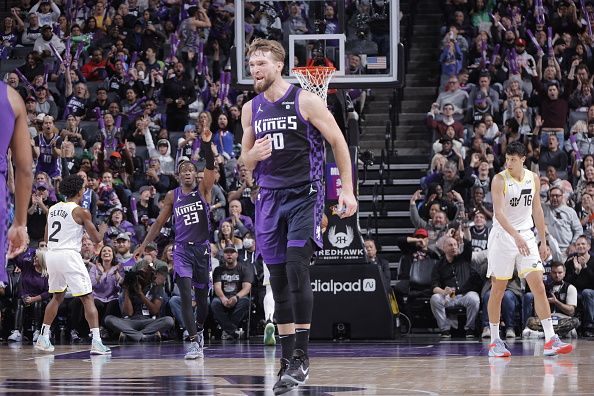 SACRAMENTO, CA - DECEMBER 16: Domantas Sabonis #10 of the Sacramento Kings celebrates during the game against the Utah Jazz on December 16, 2023 at Golden 1 Center in Sacramento, California. NOTE TO USER: User expressly acknowledges and agrees that, by downloading and or using this Photograph, user is consenting to the terms and conditions of the Getty Images License Agreement. Mandatory Copyright Notice: Copyright 2023 NBAE (Photo by Rocky Widner/NBAE via Getty Images)