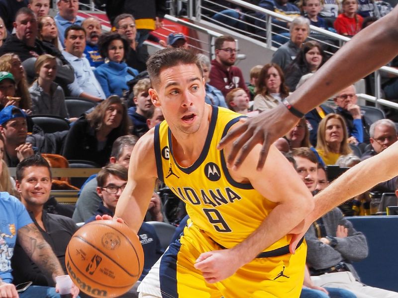 INDIANAPOLIS, IN - FEBUARY 3:  T.J. McConnell #9 of the Indiana Pacers drives to the basket during the game on Febuary 3, 2023 at Gainbridge Fieldhouse in Indianapolis, Indiana. NOTE TO USER: User expressly acknowledges and agrees that, by downloading and or using this Photograph, user is consenting to the terms and conditions of the Getty Images License Agreement. Mandatory Copyright Notice: Copyright 2023 NBAE (Photo by Ron Hoskins/NBAE via Getty Images)