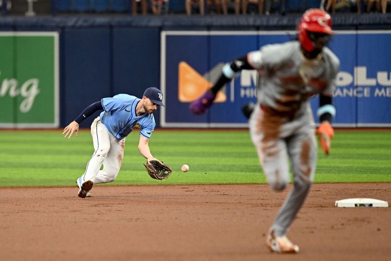 Jul 28, 2024; St. Petersburg, Florida, USA;  Tampa Bay Rays second baseman Brandon Lowe (8) fields a ground ball in the first inning against the Cincinnati Reds at Tropicana Field. Mandatory Credit: Jonathan Dyer-USA TODAY Sports