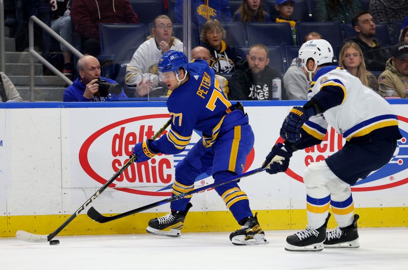 Feb 10, 2024; Buffalo, New York, USA;  Buffalo Sabres right wing JJ Peterka (77) looks to make a pass as St. Louis Blues defenseman Marco Scandella (6) defends during the second period at KeyBank Center. Mandatory Credit: Timothy T. Ludwig-USA TODAY Sports