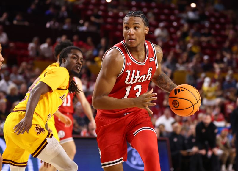 Feb 28, 2026; Tempe, Arizona, USA; Utah Utes forward Kendyl Sanders (13) against the Arizona State Sun Devils in the first half at Desert Financial Arena. Mandatory Credit: Mark J. Rebilas-Imagn Images