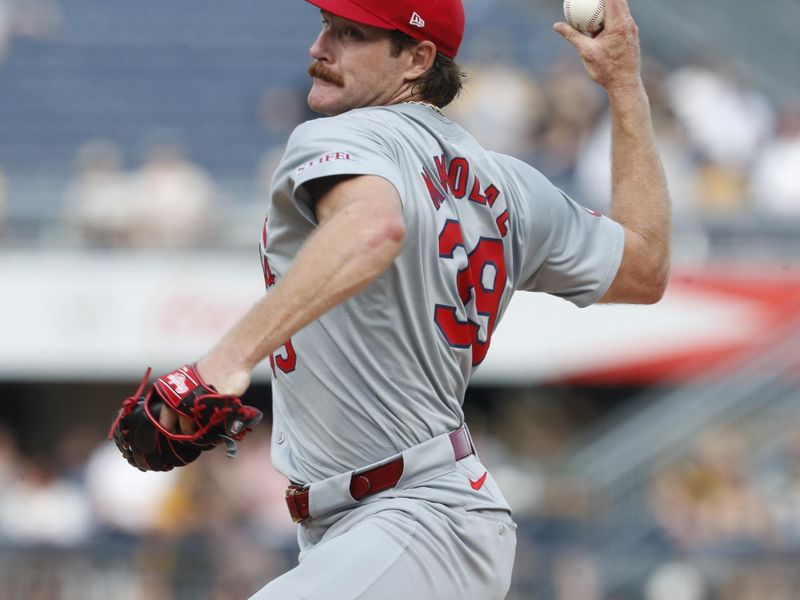 Jul 3, 2024; Pittsburgh, Pennsylvania, USA;  St. Louis Cardinals starting pitcher Miles Mikolas (39) delivers a pitch against the Pittsburgh Pirates during the first inning at PNC Park. Mandatory Credit: Charles LeClaire-USA TODAY Sports