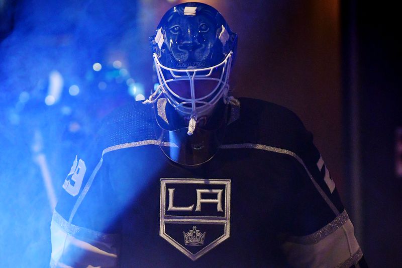 Feb 13, 2023; Los Angeles, California, USA; Los Angeles Kings goaltender Pheonix Copley (29) before playing against the Buffalo Sabres in the third period at Crypto.com Arena. Mandatory Credit: Gary A. Vasquez-USA TODAY Sports