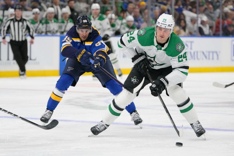 Oct 18, 2025; St. Louis, Missouri, USA; St. Louis Blues left wing Pavel Buchnevich (89) pressures Dallas Stars center Roope Hintz (24) during the third period at Enterprise Center. Mandatory Credit: Jeff Le-Imagn Images