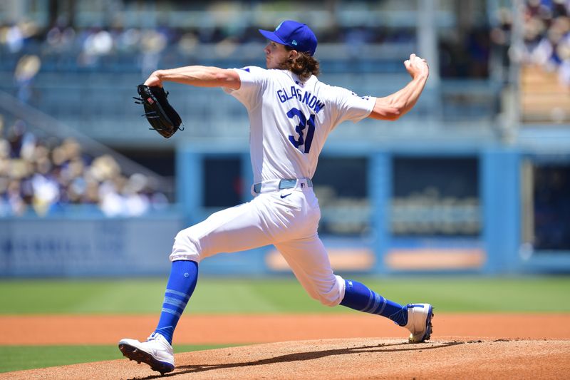 Jun 16, 2024; Los Angeles, California, USA; Los Angeles Dodgers pitcher Tyler Glasnow (31) throws against the Kansas City Royals during the first inning at Dodger Stadium. Mandatory Credit: Gary A. Vasquez-USA TODAY Sports