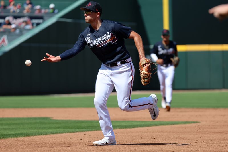 Mar 5, 2023; North Port, Florida, USA; Atlanta Braves first baseman Matt Olson (28) tosses the ball to first base for an out during the second inning against the New York Yankees  at CoolToday Park. Mandatory Credit: Kim Klement-USA TODAY Sports