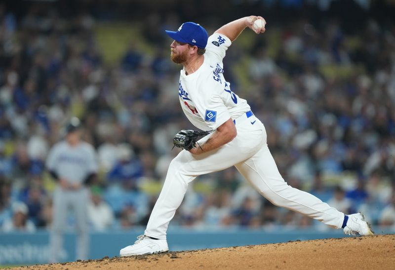 Apr 29, 2025; Los Angeles, California, USA; Los Angeles Dodgers pitcher Matt Sauer (64) throws during the second inning against the Miami Marlins at Dodger Stadium. Mandatory Credit: Kirby Lee-Imagn Images
