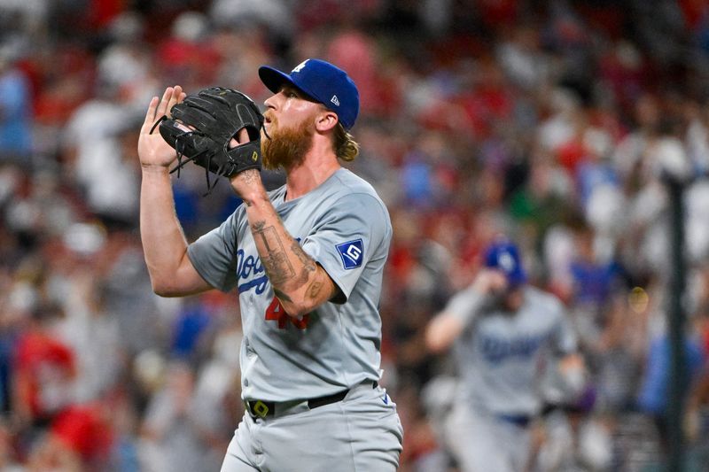 Aug 16, 2024; St. Louis, Missouri, USA;  Los Angeles Dodgers relief pitcher Michael Kopech (45) reacts after the Dodgers defeated the St. Louis Cardinals at Busch Stadium. Mandatory Credit: Jeff Curry-USA TODAY Sports