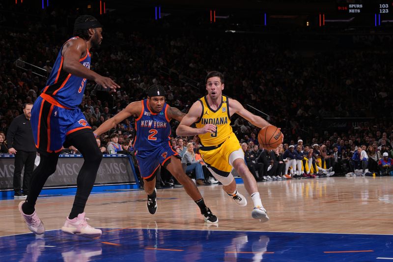 NEW YORK, NY - FEBRUARY 10: T.J. McConnell #9 of the Indiana Pacers dribbles the ball during the game against the New York Knicks on February 10, 2024 at Madison Square Garden in New York City, New York.  NOTE TO USER: User expressly acknowledges and agrees that, by downloading and or using this photograph, User is consenting to the terms and conditions of the Getty Images License Agreement. Mandatory Copyright Notice: Copyright 2024 NBAE  (Photo by Jesse D. Garrabrant/NBAE via Getty Images)