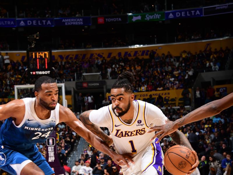 LOS ANGELES, CA - MARCH 10: D'Angelo Russell #1 of the Los Angeles Lakers dribbles the ball during the game against the Minnesota Timberwolves on March 10, 2024 at Crypto.Com Arena in Los Angeles, California. NOTE TO USER: User expressly acknowledges and agrees that, by downloading and/or using this Photograph, user is consenting to the terms and conditions of the Getty Images License Agreement. Mandatory Copyright Notice: Copyright 2024 NBAE (Photo by Adam Pantozzi/NBAE via Getty Images)