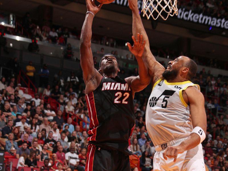 MIAMI, FL - MARCH 2: Jimmy Butler #22 of the Miami Heat drives to the basket during the game against the Utah Jazz on March 2, 2024 at Kaseya Center in Miami, Florida. NOTE TO USER: User expressly acknowledges and agrees that, by downloading and or using this Photograph, user is consenting to the terms and conditions of the Getty Images License Agreement. Mandatory Copyright Notice: Copyright 2024 NBAE (Photo by Issac Baldizon/NBAE via Getty Images)